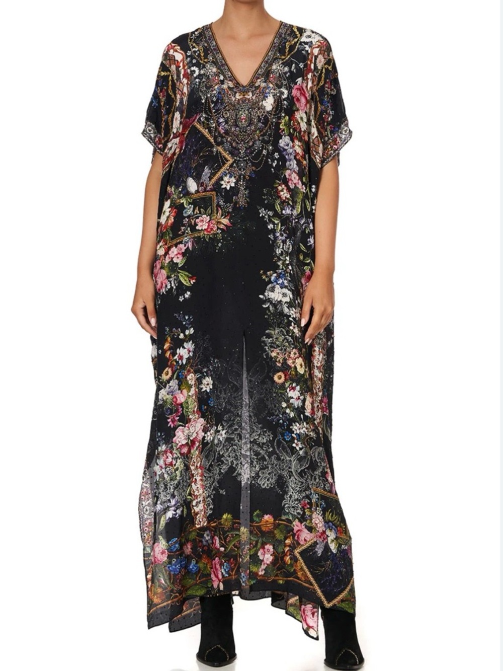 Camilla Slim Fit Kaftan Split Black Silk Floral print Hand Embellished SZ OS EUC